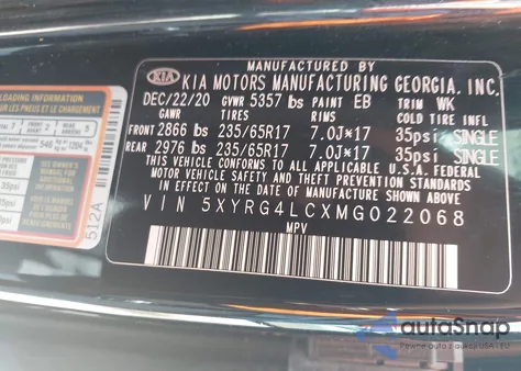 2021 Kia Sorento Lx из США, поврежденный, VIN 5XYRG4LCXMG022068